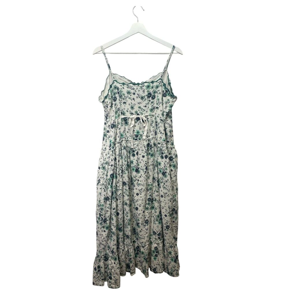 NEW Anthropologie DropvWaist Linen Blend Dress White Green Floral Size L - Picture 6 of 10